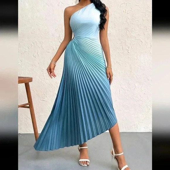 Summer Gradient One Shoulder Cut Out Waist Pleated Asymmetrical Hem - Picture 6 of 7